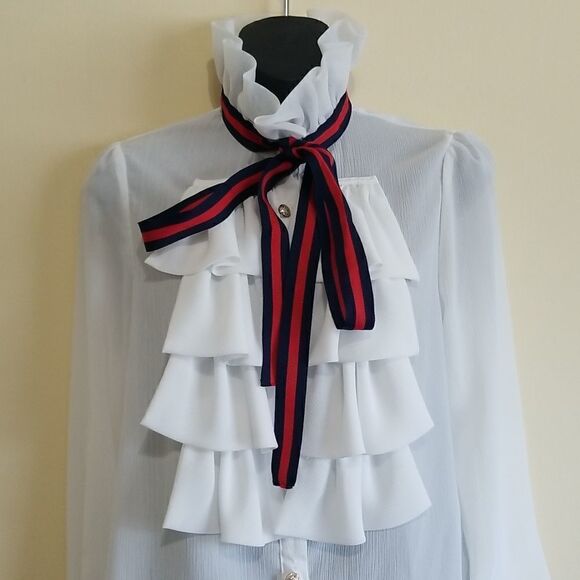 36Piont5 White Ruffle LongSleeve Blouse Sz Small - Picture 5 of 9